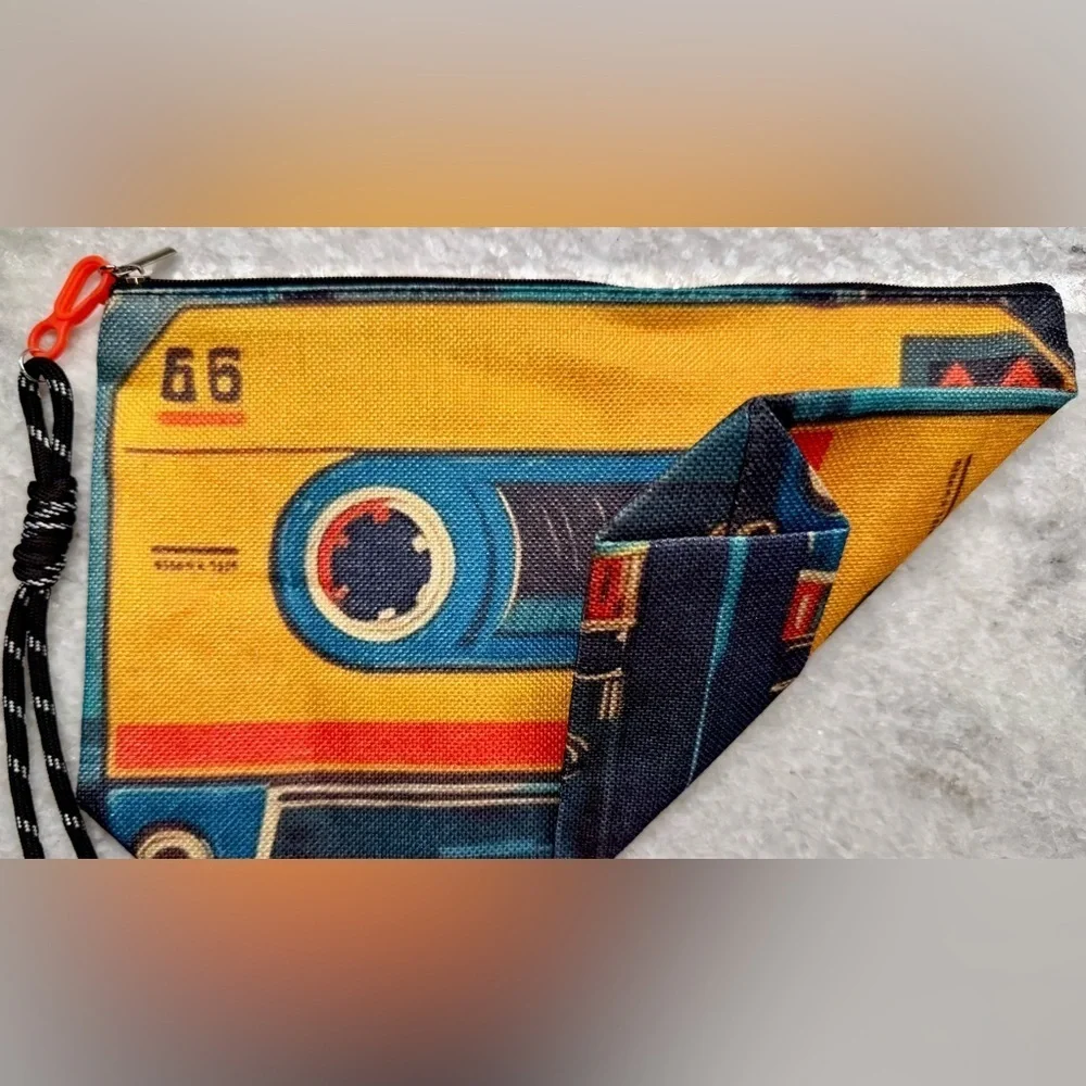 New Cassette Tape Retro 80s 90s Style Makeup Tech Pencil Bag w/ Charm - 10.5”